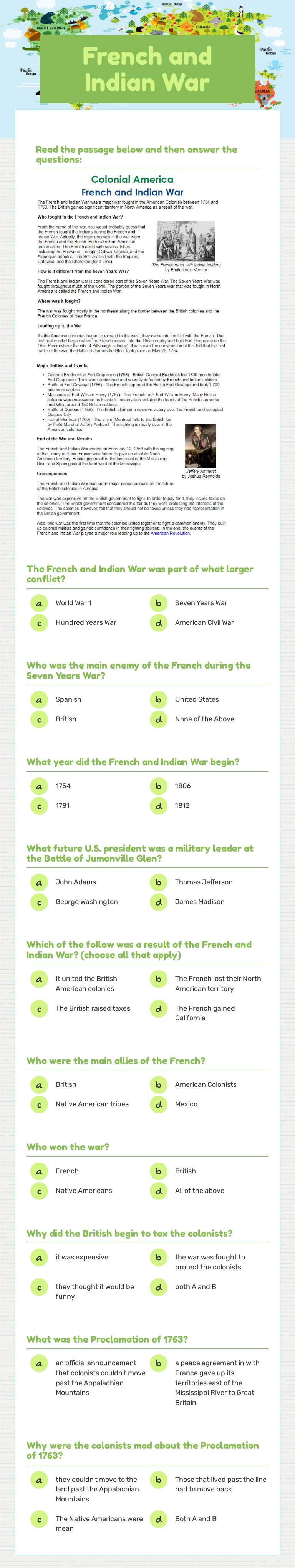 French and Indian War worksheet preview image