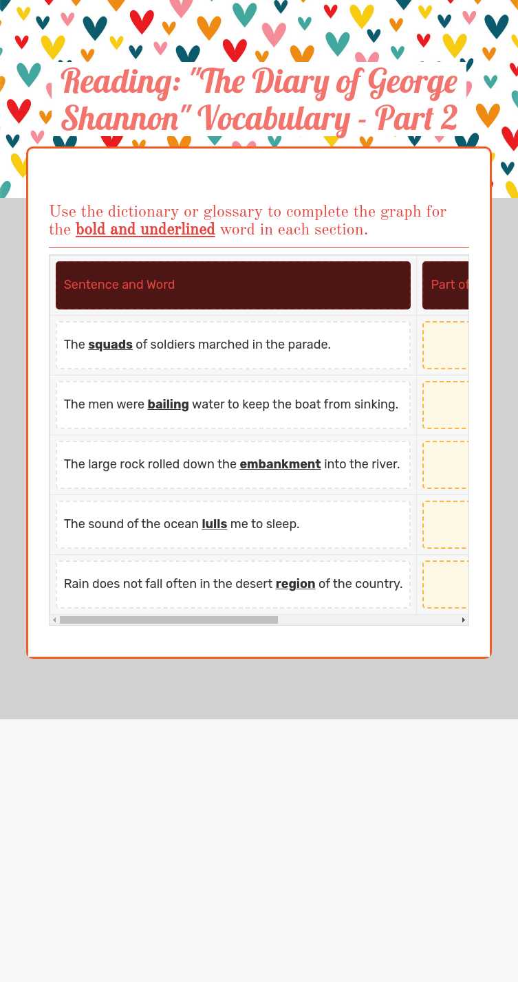 Reading: "The Diary of George Shannon" Vocabulary - Part 2 Grade 3 worksheet preview