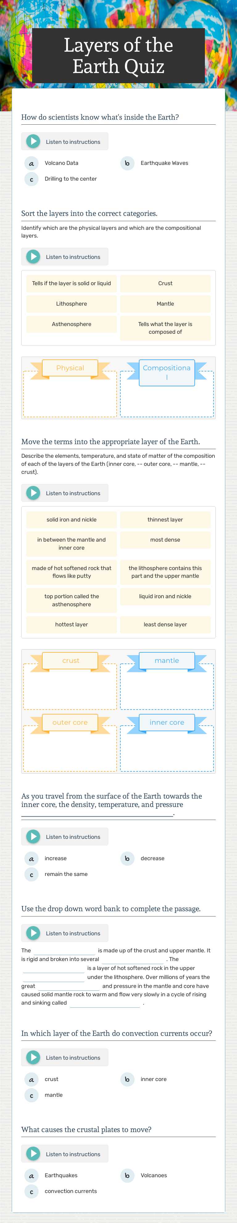 Layers of the Earth Quiz worksheet preview image