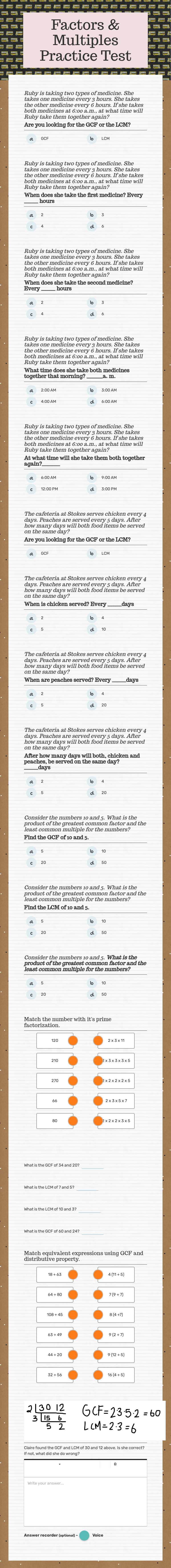 Factors & Multiples Practice Test Grade 6 worksheet preview