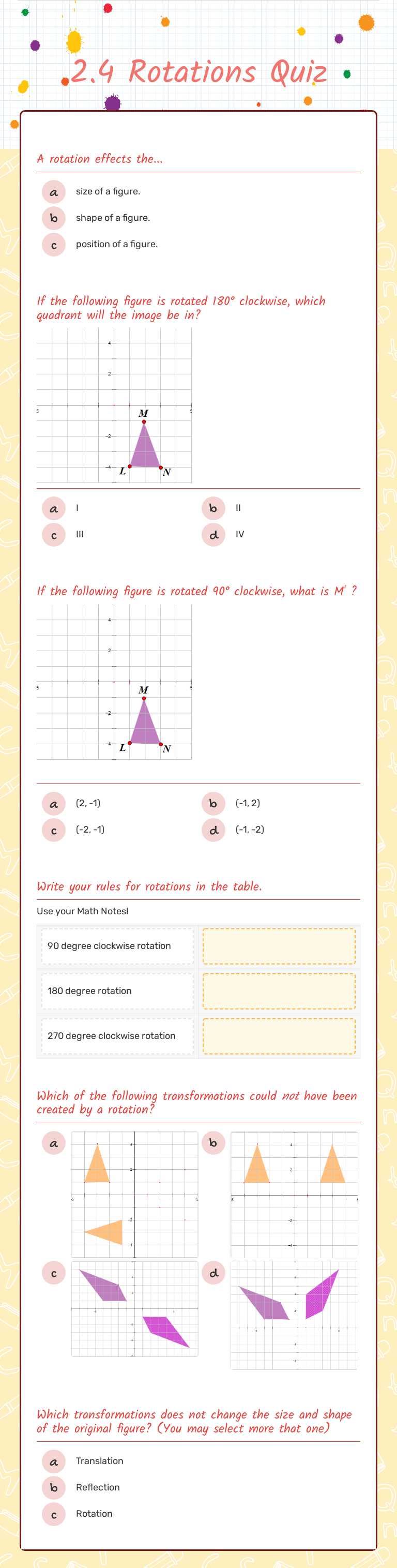 2.4 Rotations Quiz Grade 8 worksheet preview