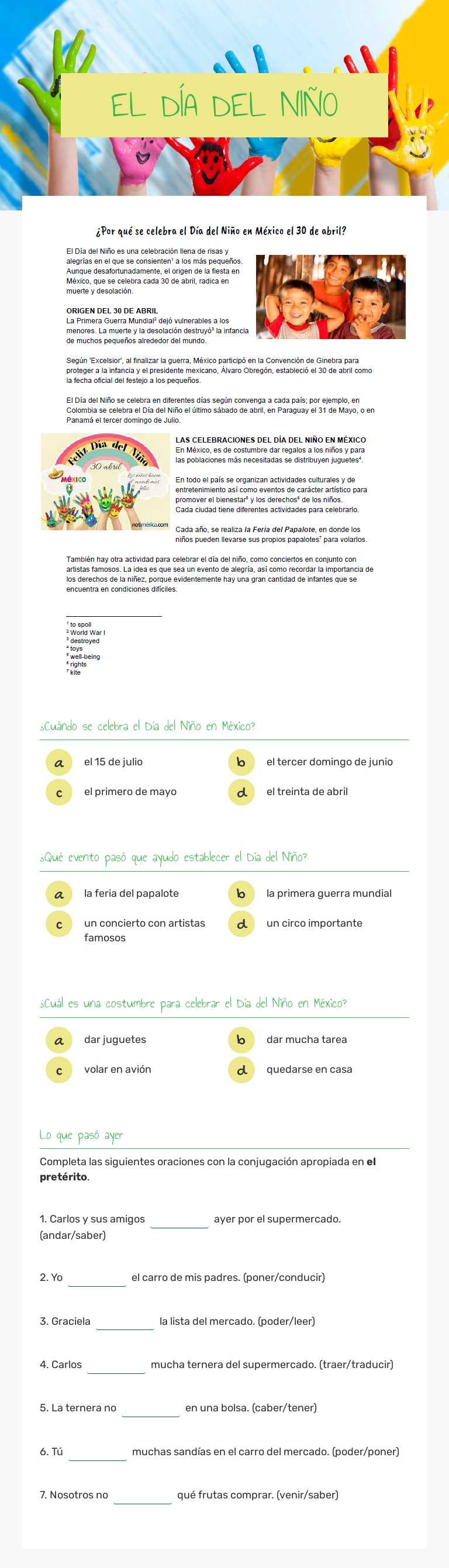 EL DÍA DEL NIÑO Grade 10 worksheet preview