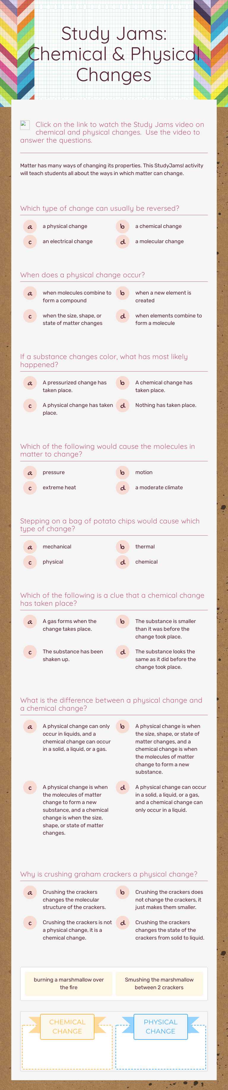 Study Jams: Chemical & Physical Changes worksheet preview image