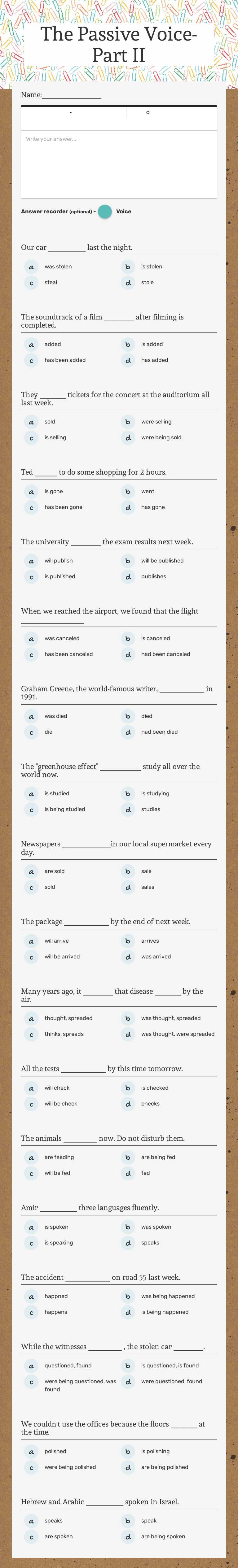 The Passive Voice- Part II Grade 10 worksheet preview