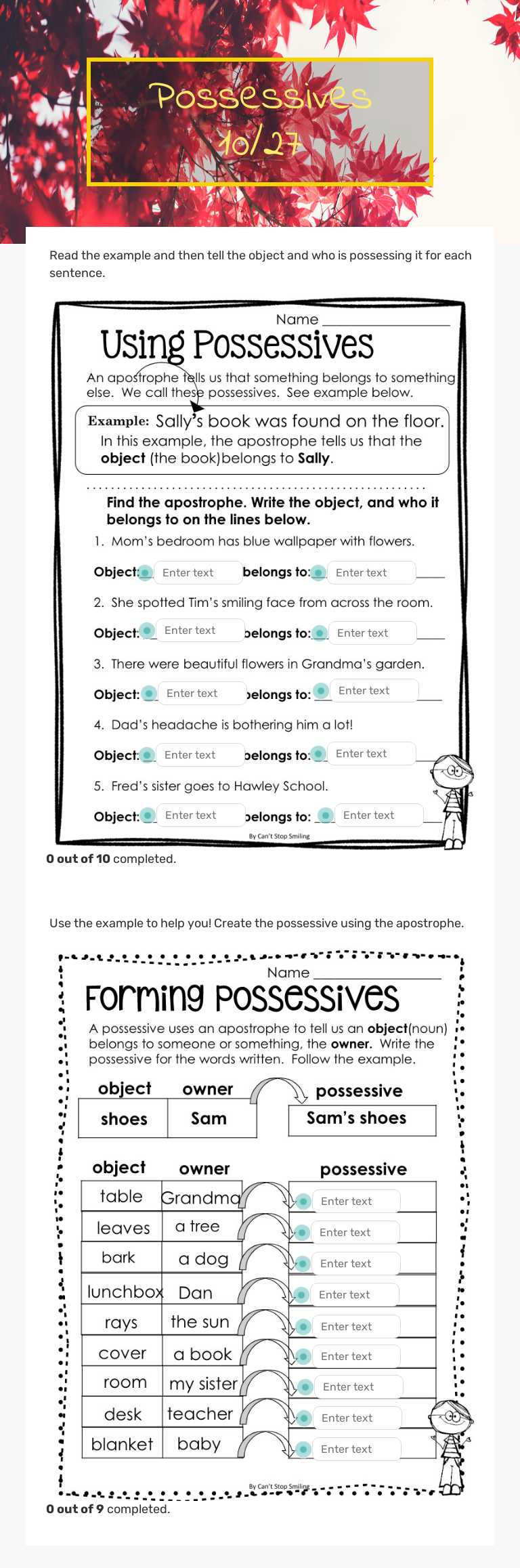 Possessives 10/27 worksheet preview image