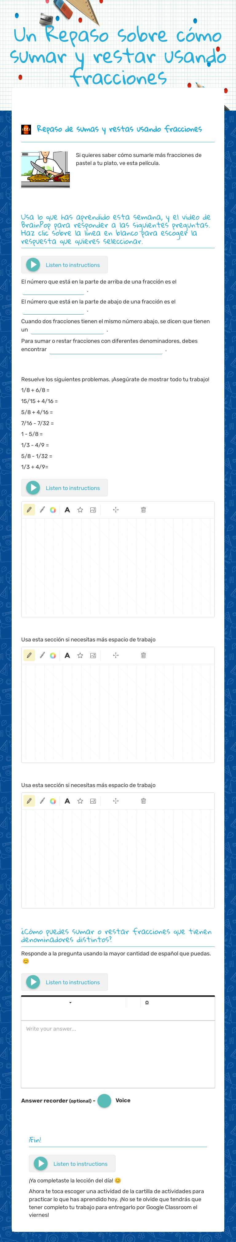 Un Repaso sobre cómo sumar y restar usando fracciones worksheet preview image