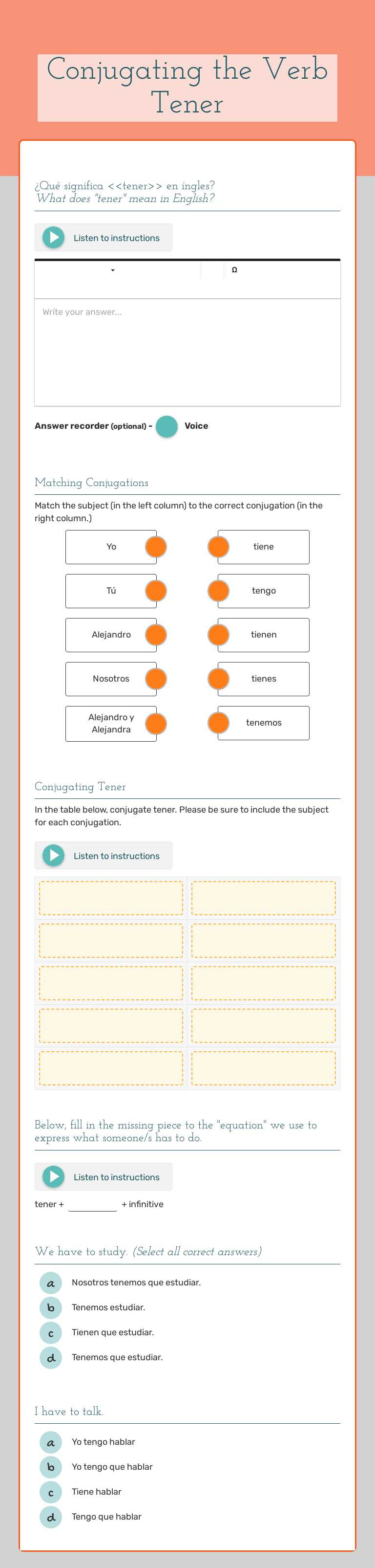 Conjugating the Verb Tener worksheet preview image