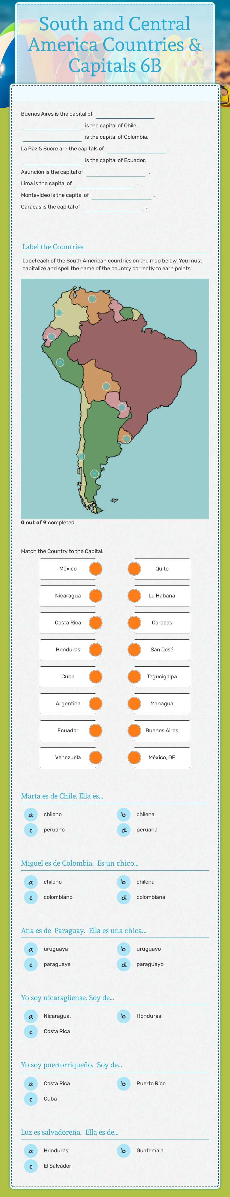 South and Central America Countries & Capitals 6B worksheet preview image