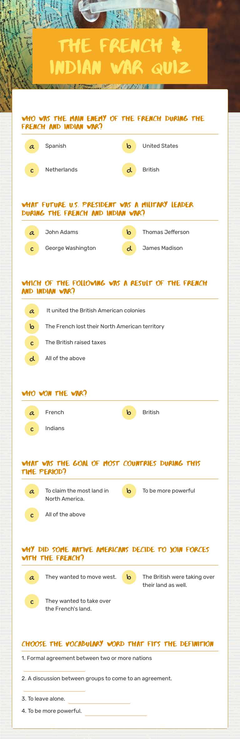 The French & Indian War Quiz worksheet preview image