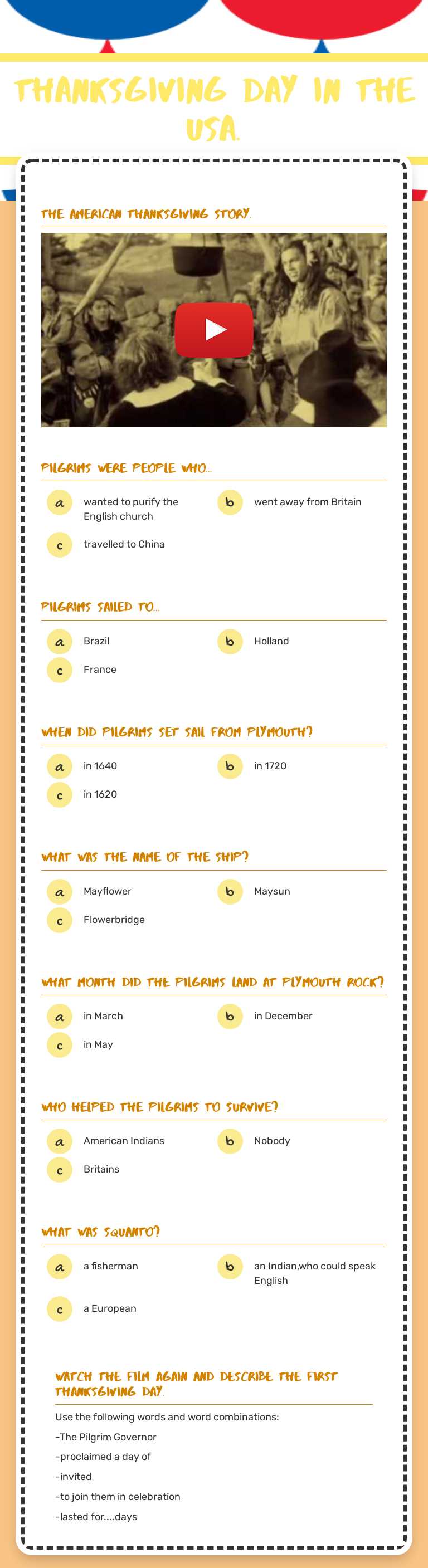 thanksgiving day in the usa. worksheet preview image