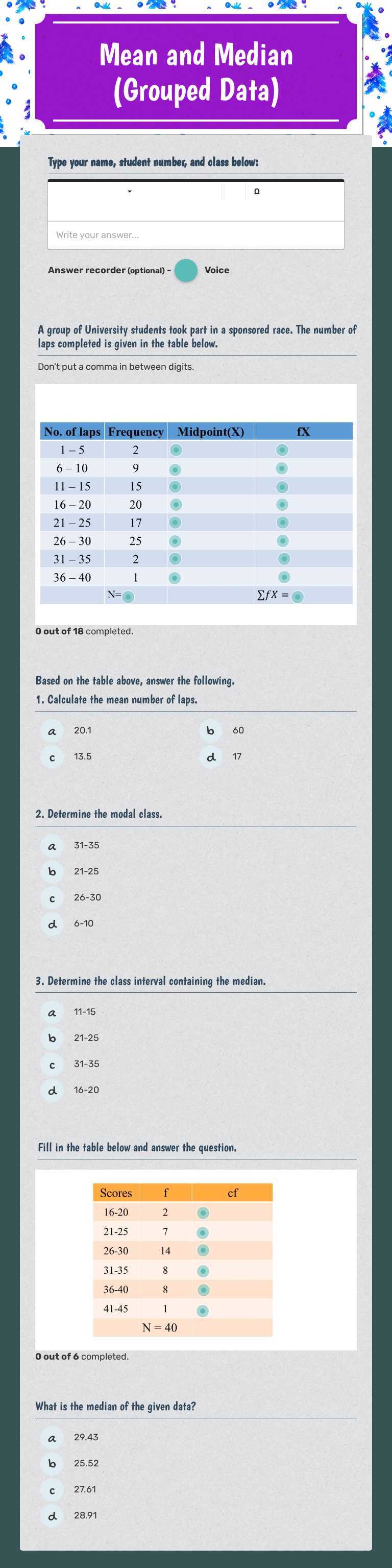 Mean and Median
(Grouped Data) Grade 9 worksheet preview