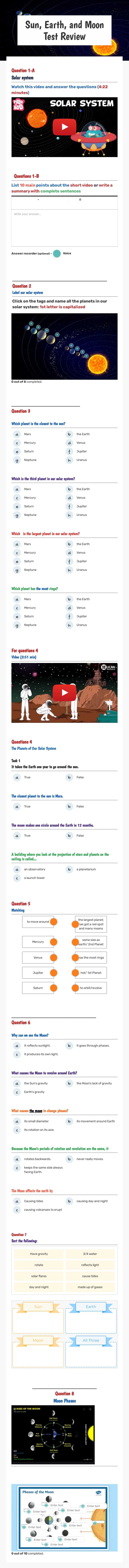 Sun, Earth, and Moon Test Review worksheet preview image