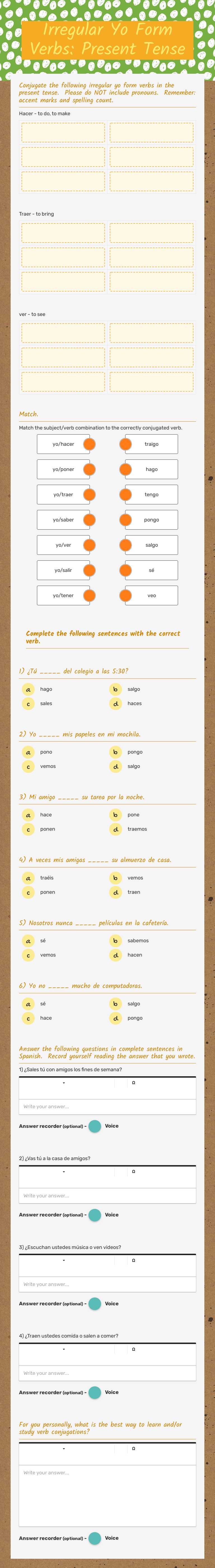 Irregular Yo Form Verbs: Present Tense worksheet preview image