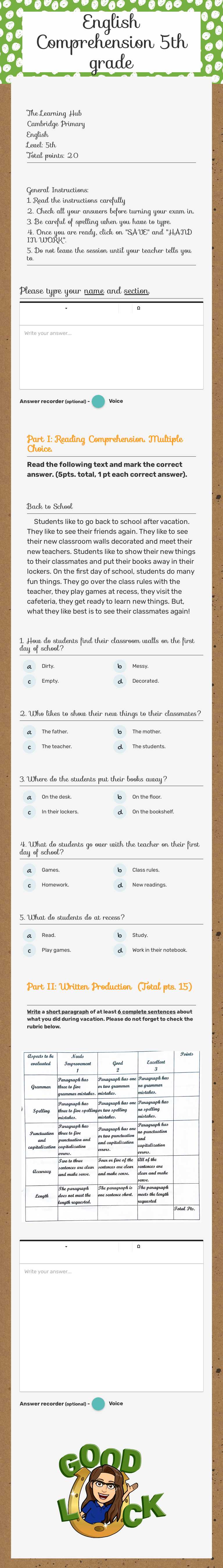 English Comprehension 5th grade Grade 5 worksheet preview