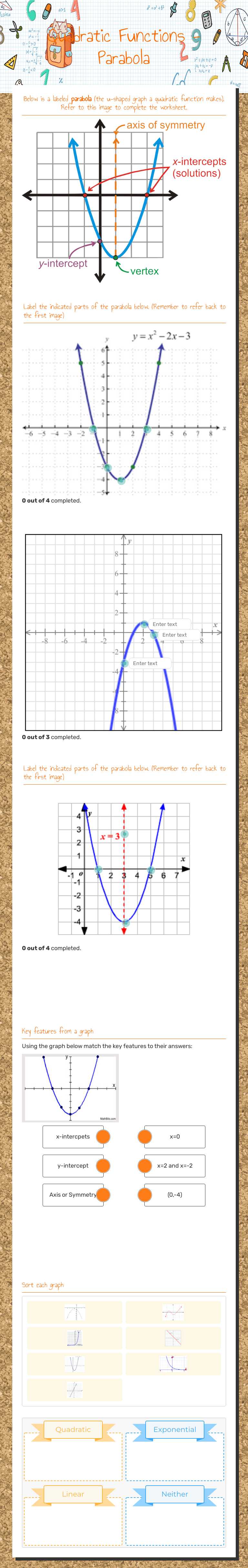 Quadratic Functions - Parabola Grade 9 worksheet preview