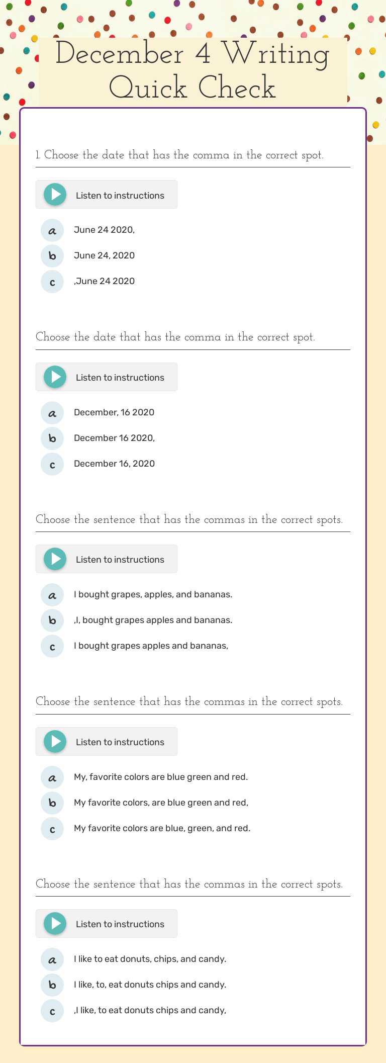 December 4 Writing Quick Check Grade 1 worksheet preview