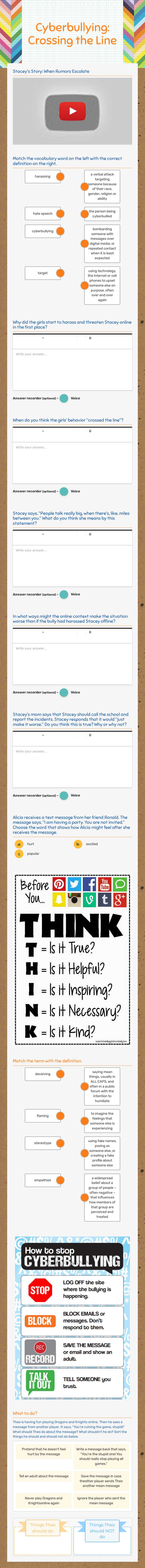 Cyberbullying: Crossing the Line worksheet preview image