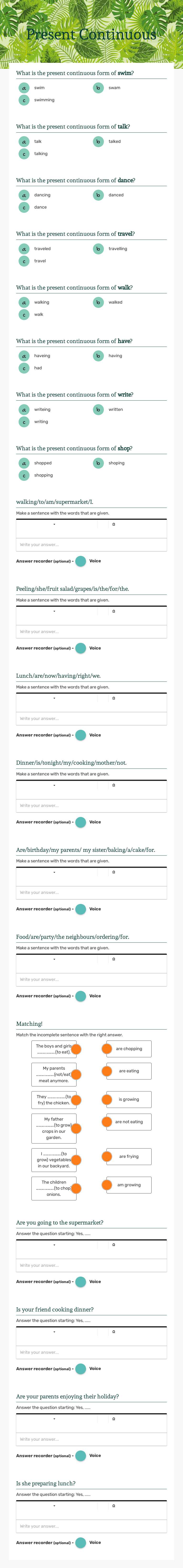 Present Continuous worksheet preview