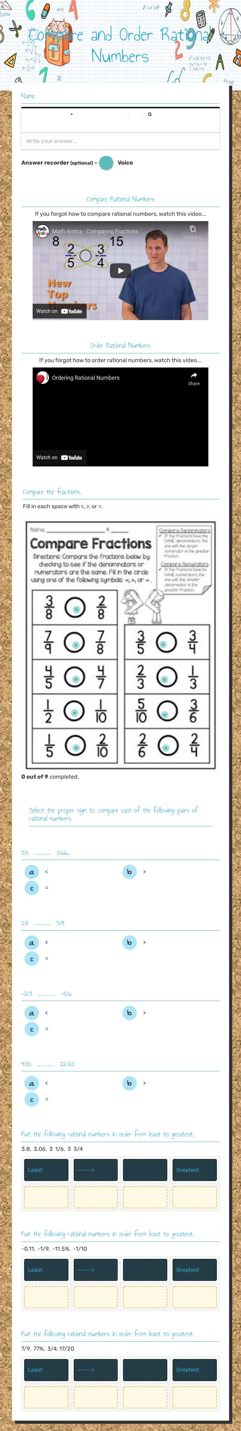 Compare and Order Rational Numbers Grade 9 worksheet preview