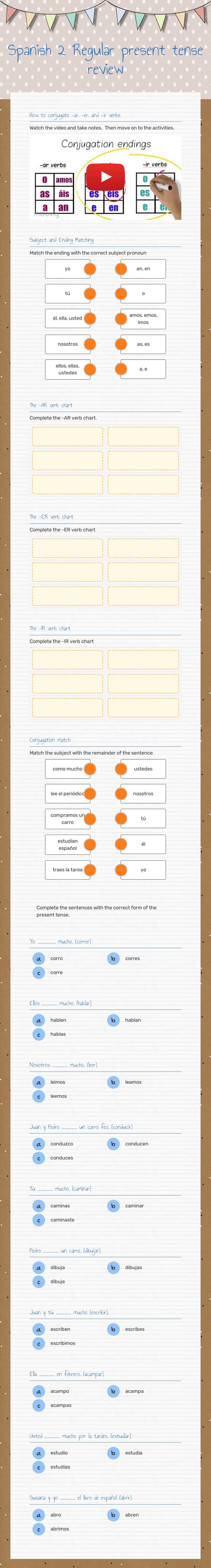 Spanish 2 Regular present tense review worksheet preview image