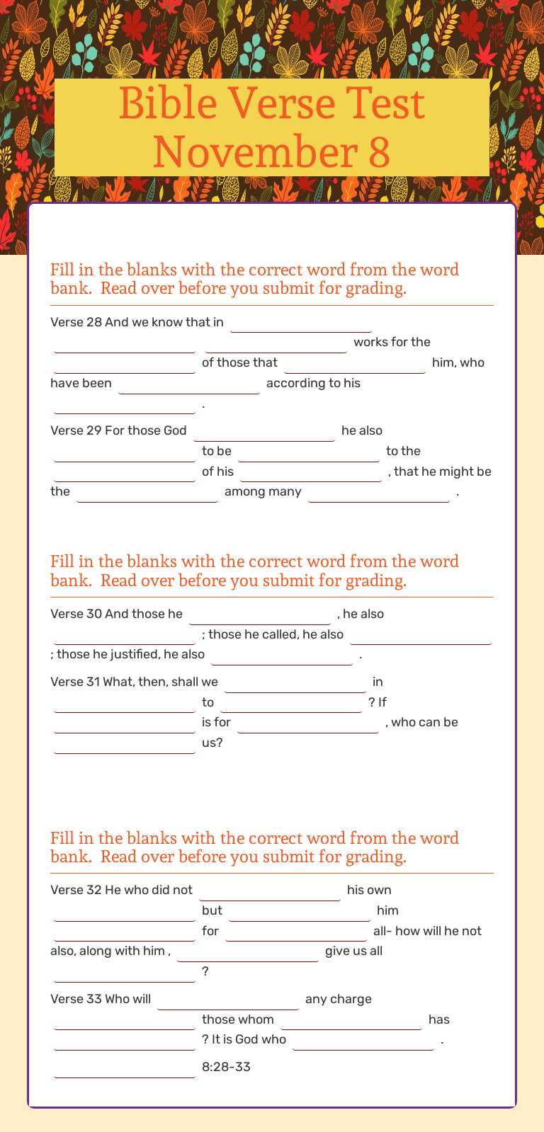 Bible Verse Test November 8 worksheet preview image