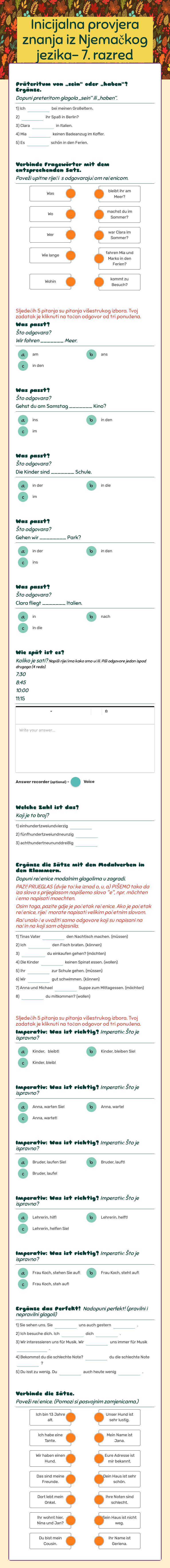 Inicijalna provjera znanja iz Njemačkog jezika- 7. razred worksheet preview image