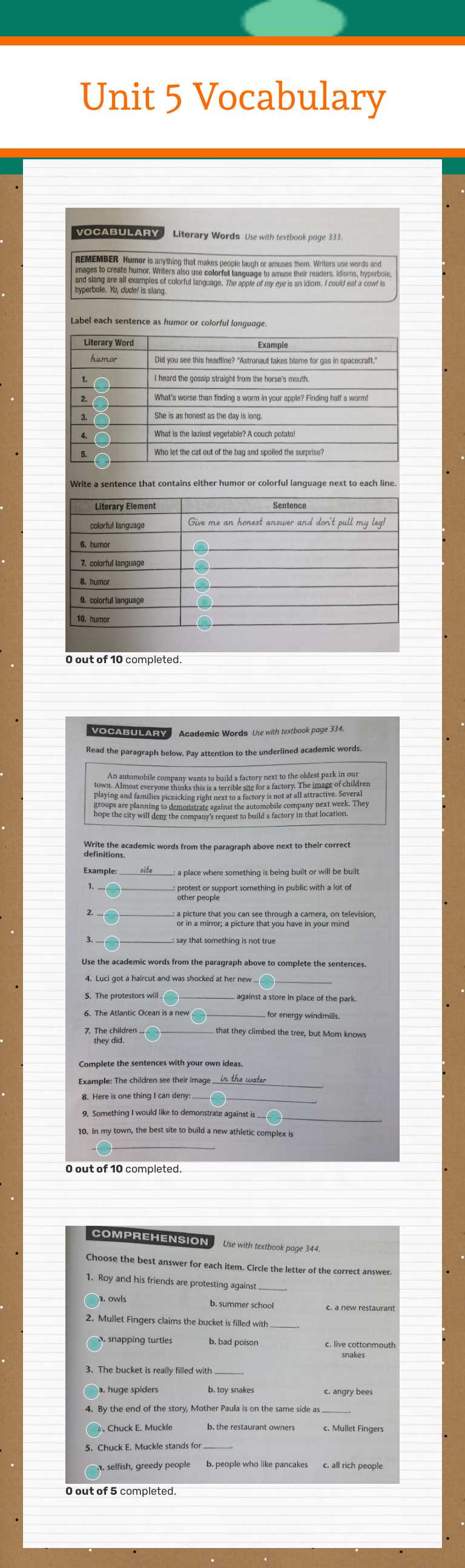 Unit 5 Vocabulary worksheet preview image