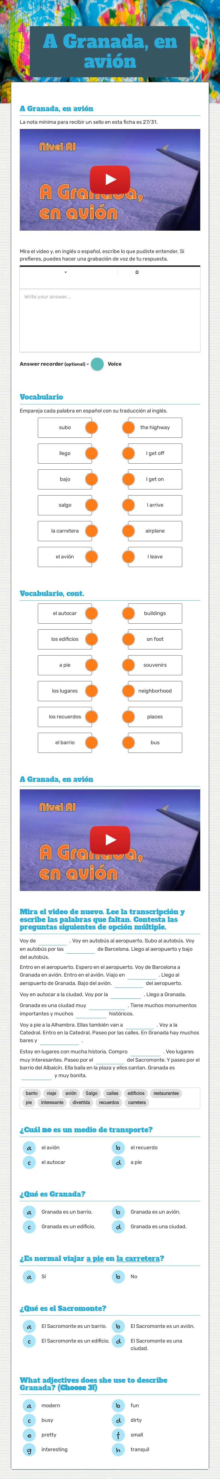 A Granada, en avión worksheet preview image
