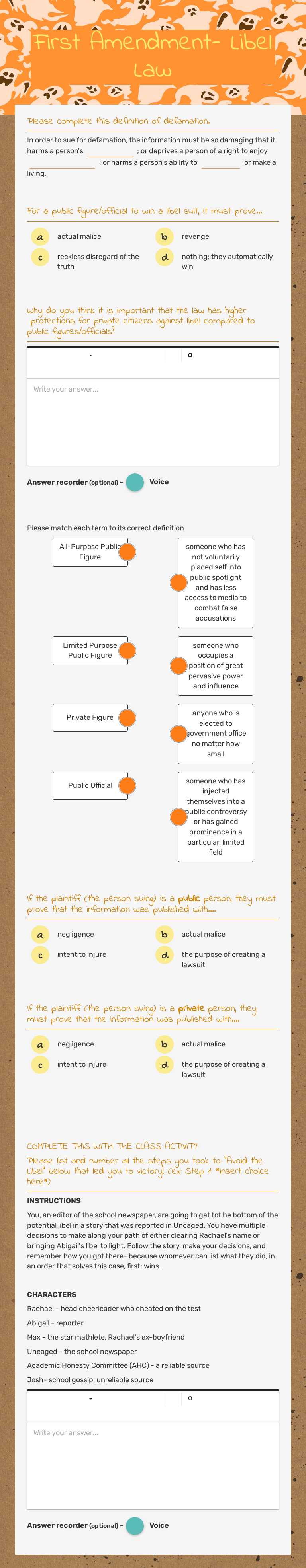 First Amendment-   Libel Law Other worksheet preview