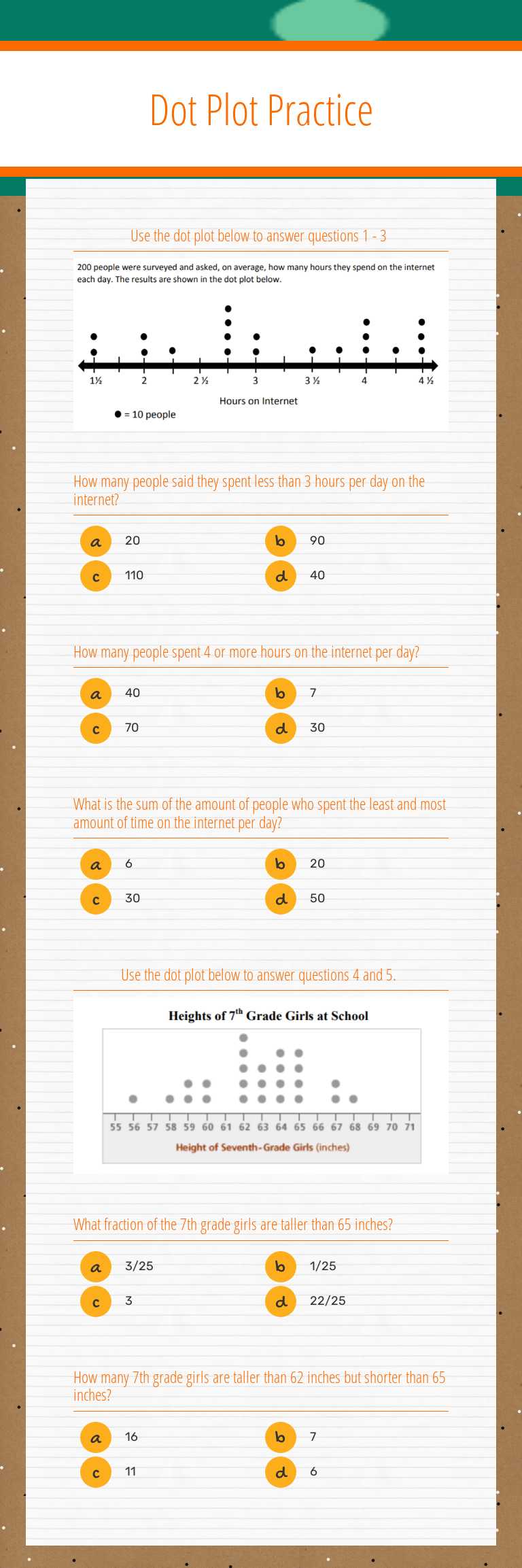 Dot Plot Practice worksheet preview image