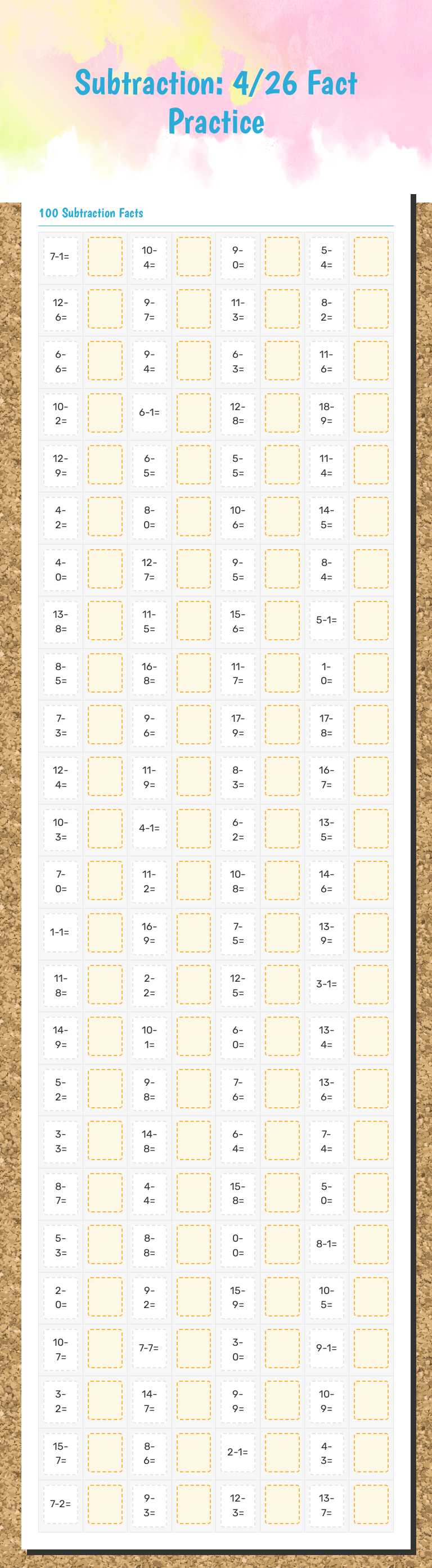 Subtraction:
4/26 Fact Practice worksheet preview image