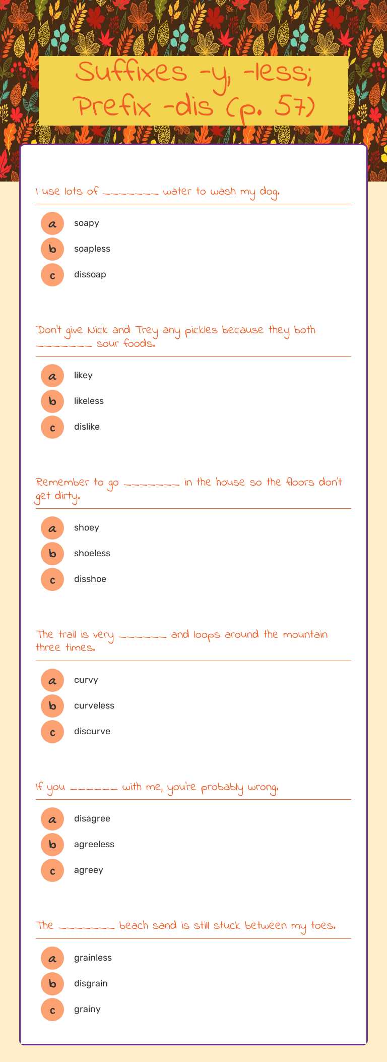 Suffixes -y, -less; Prefix -dis (p. 57) worksheet preview image