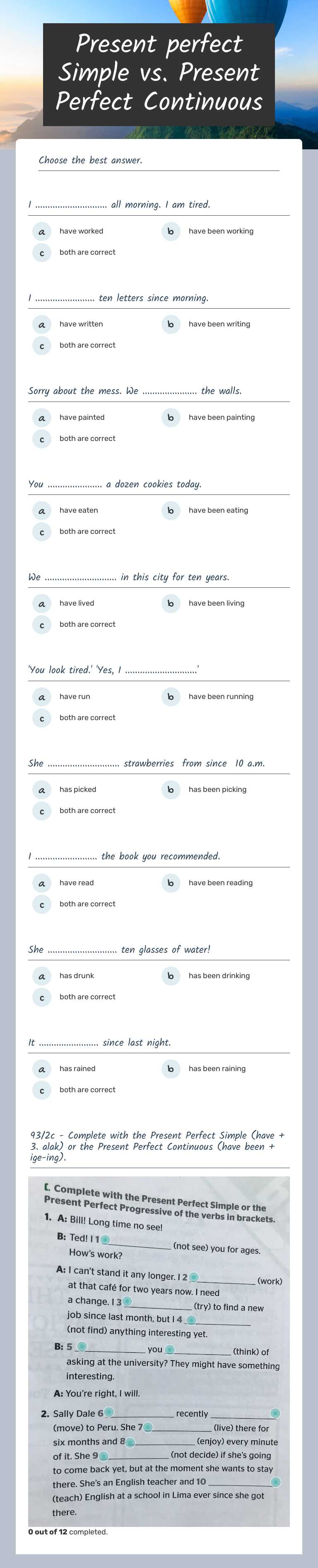 Present perfect Simple vs. Present Perfect Continuous worksheet preview image