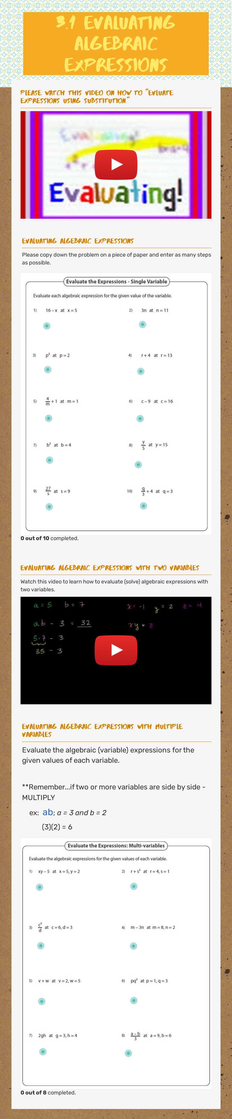 3.1 Evaluating Algebraic expressions worksheet preview image
