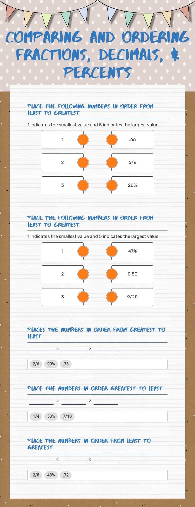 Comparing and ordering fractions, decimals, & Percents worksheet preview image