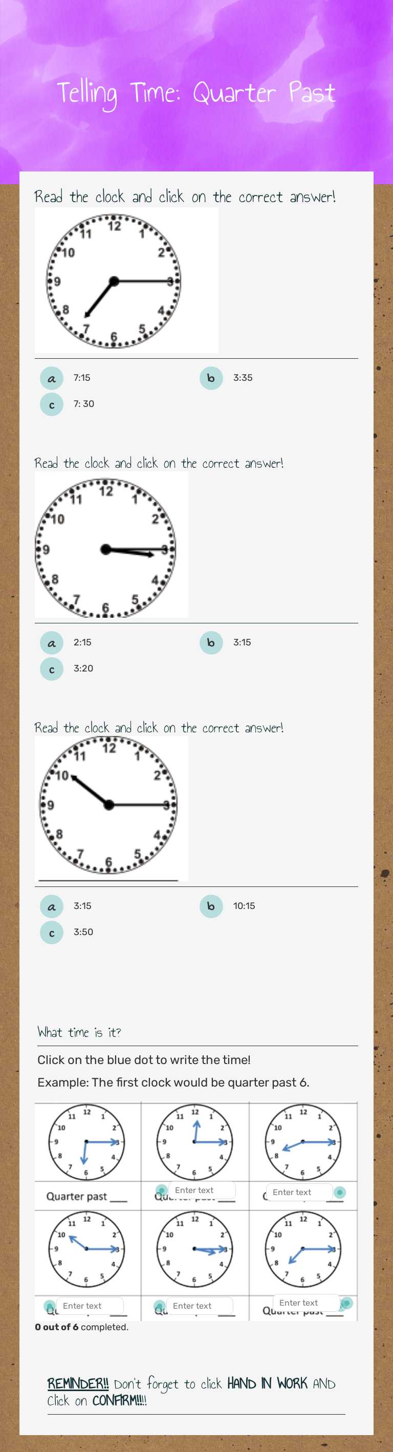 Telling Time: Quarter Past worksheet preview image