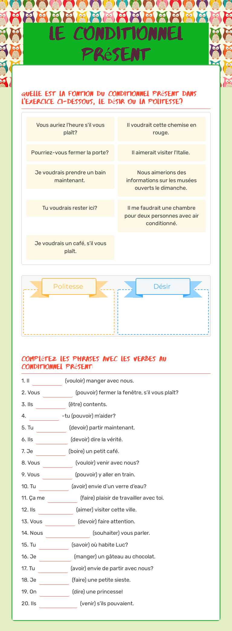Le conditionnel présent Grade 8 worksheet preview
