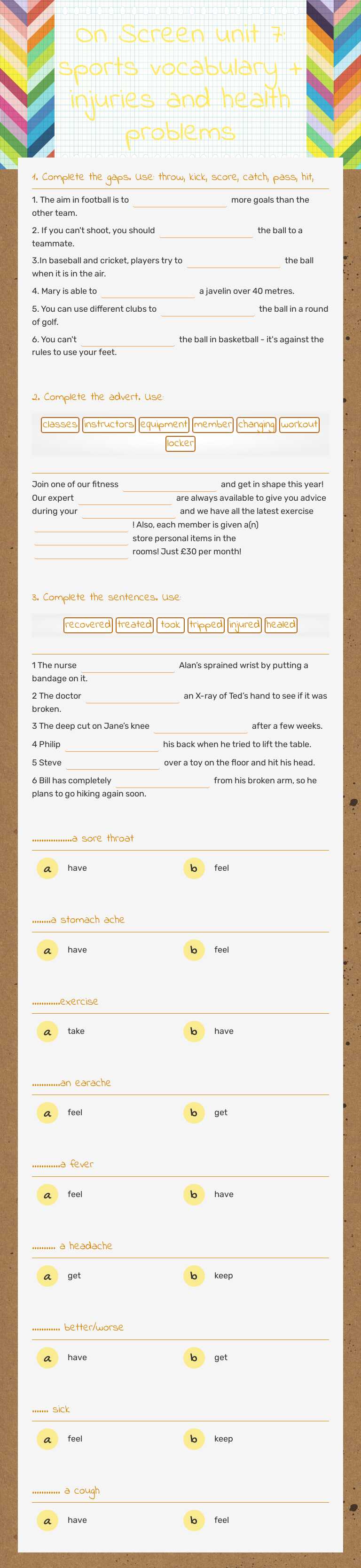 On Screen unit 7: sports vocabulary + injuries and health problems worksheet preview image