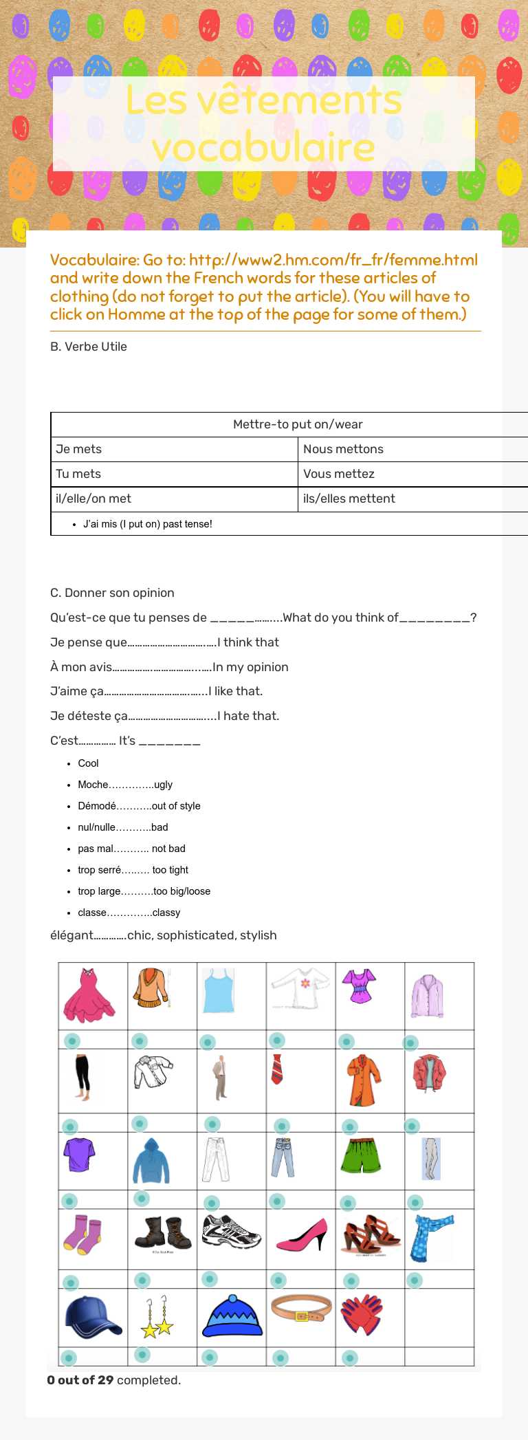 Les vêtements vocabulaire worksheet preview image