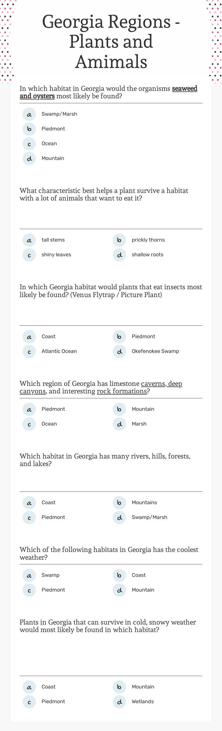 Georgia Regions - Plants and Amimals worksheet preview image