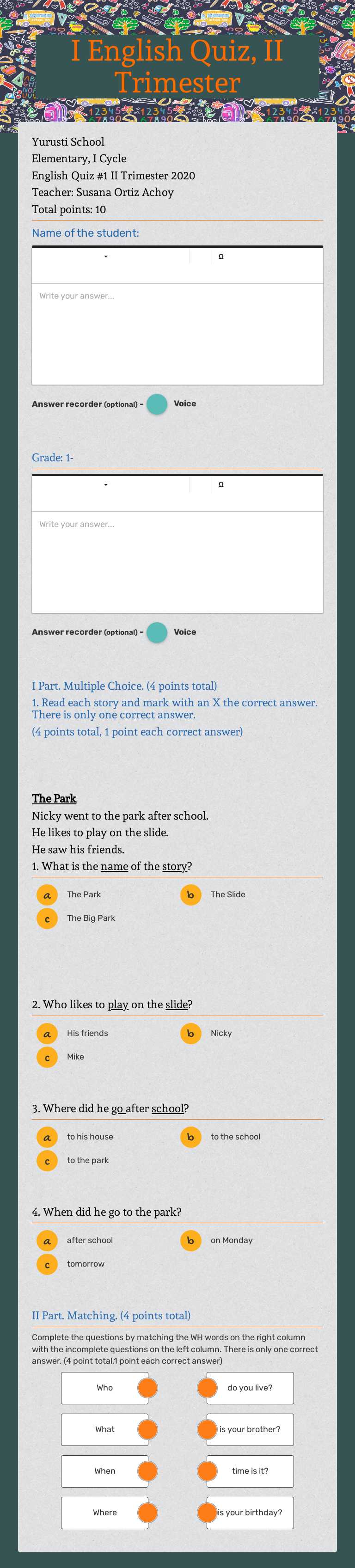 I English Quiz, II Trimester worksheet preview image