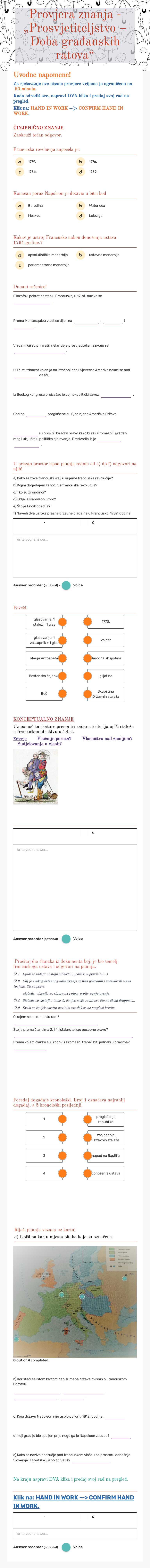 Provjera znanja - „Prosvjetiteljstvo – Doba građanskih ratova“ Grade 9 worksheet preview