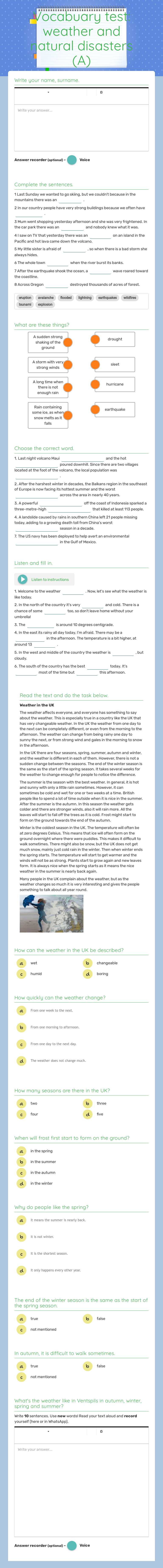 Vocabuary test: weather and natural disasters (A) worksheet preview image