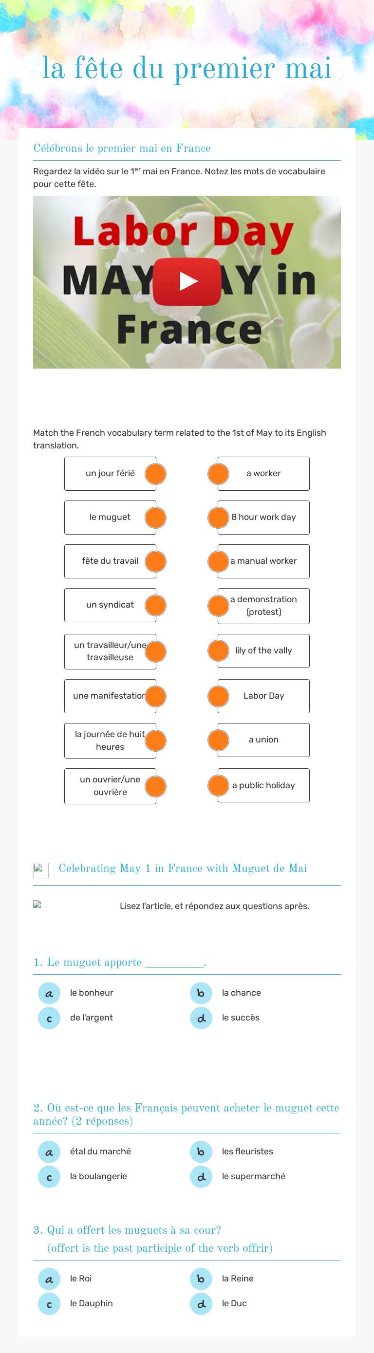 la fête du premier mai Grade 9 worksheet preview