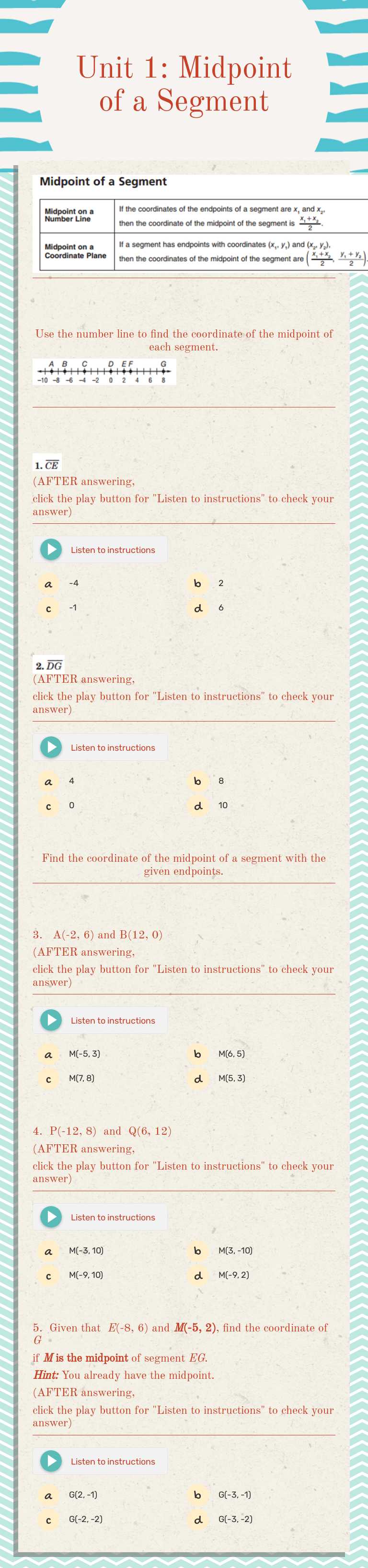Unit 1: Midpoint
of a Segment Grade 10 worksheet preview