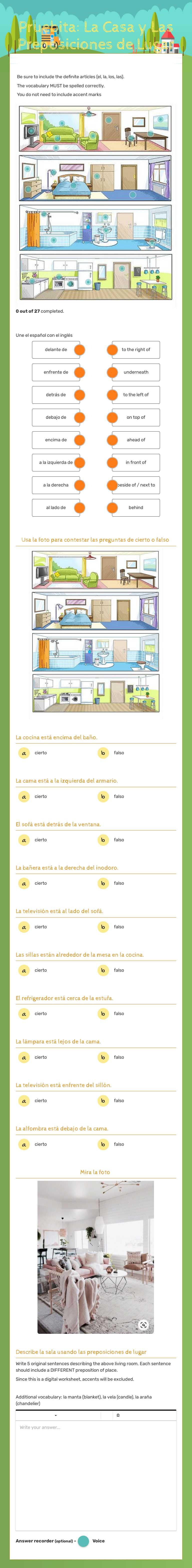 Pruebita: La Casa y Las Preposiciones de Lugar Grade 10 worksheet preview
