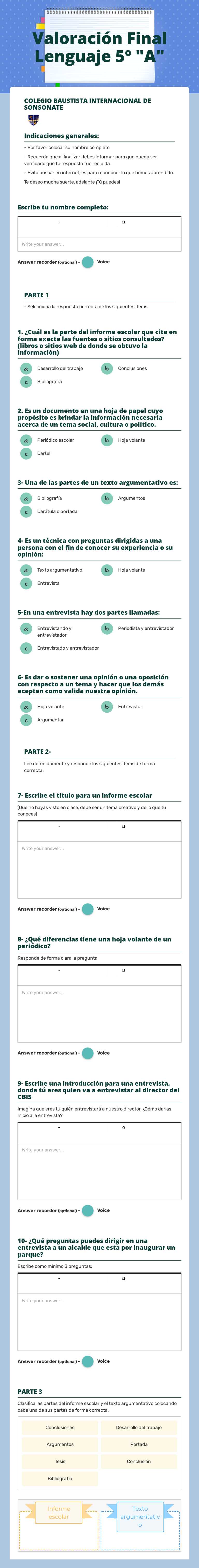 Valoración Final Lenguaje 5º "A" worksheet preview