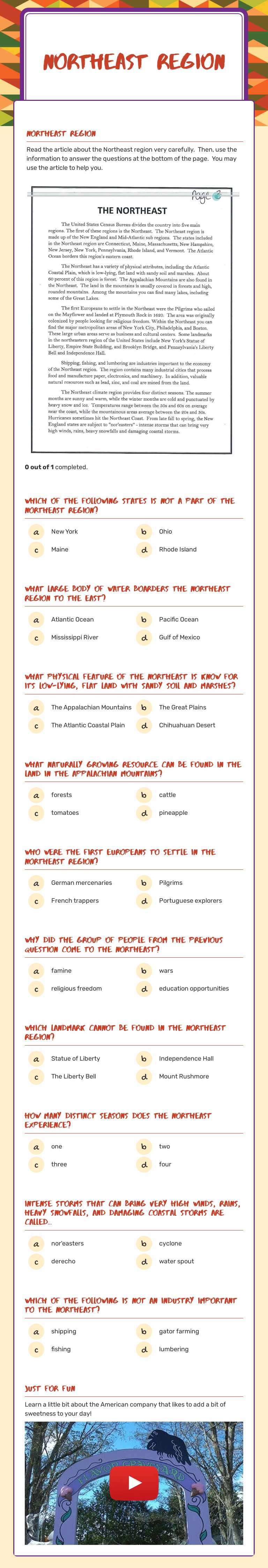 Northeast Region Grade 4 worksheet preview