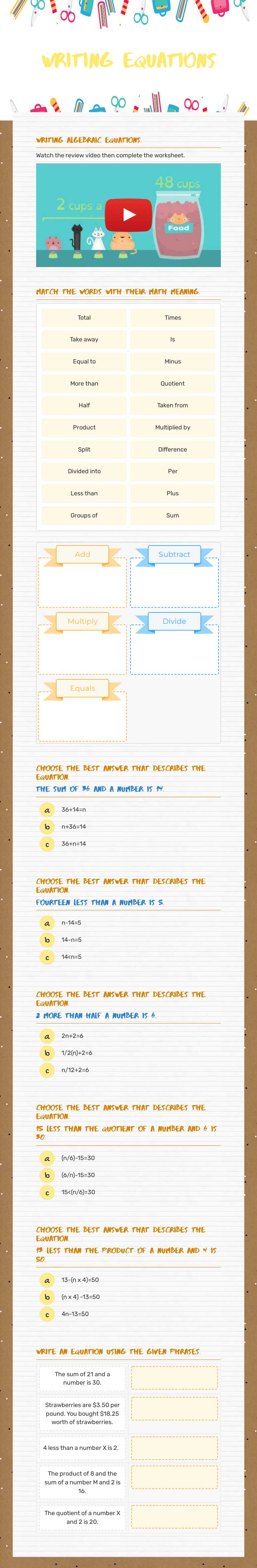 Writing Equations worksheet preview image