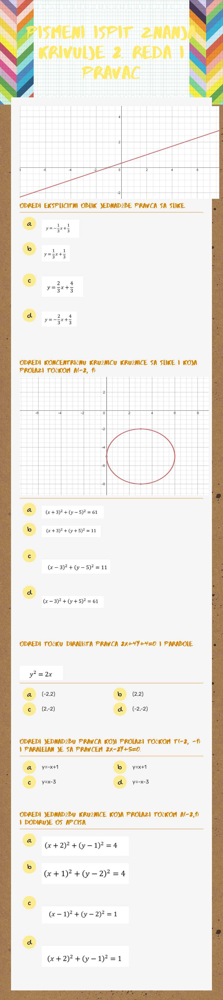 pismeni ispit znanja krivulje 2.  reda i pravac Other worksheet preview